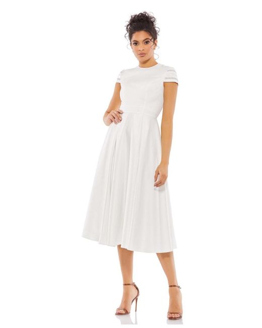 Mac Duggal White Ieena High Neck Cap Sleeve Tea Length Dress