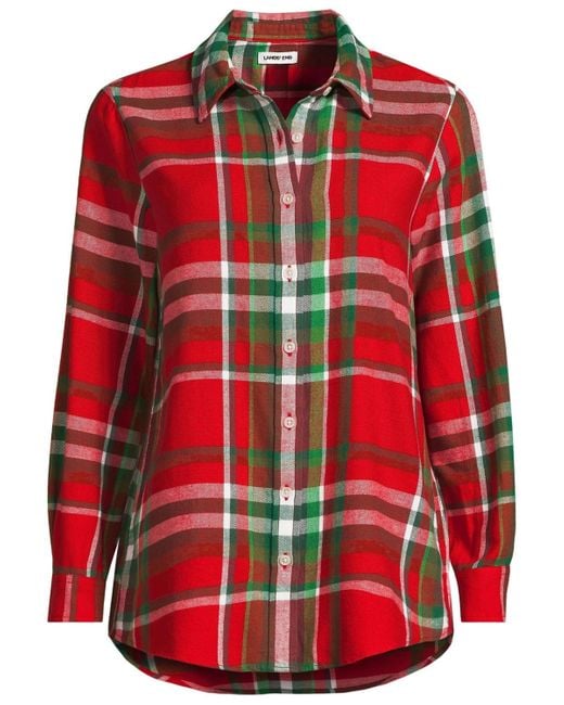Lands' End Red Plus Size Flannel Boyfriend Long Sleeve Shirt
