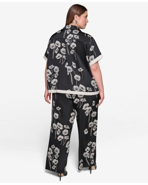 Karl Lagerfeld Black Plus Size Flower-print Button-down Shirt