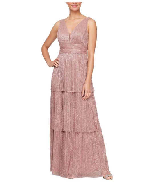 Alex Evenings Pink Metallic Knit Tiered Gown