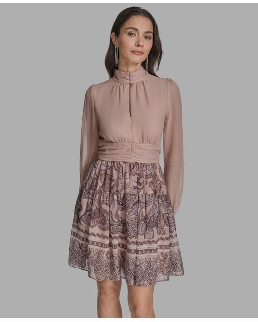 BCBGMAXAZRIA Brown Mock-neck Long-sleeve Chiffon Fit & Flare Dress