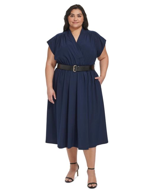 Calvin Klein Blue Belted Cap-sleeve Midi Dress