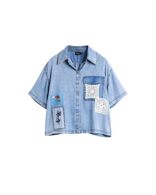 Desigual Blue Short Sleeve Patchwork Shirt