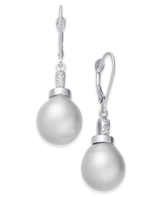Macy's Cultured Baroque White South Sea Pearl (11mm) & Diamond Accent Drop Earrings In 14k White Gold (155 Characters Remainin