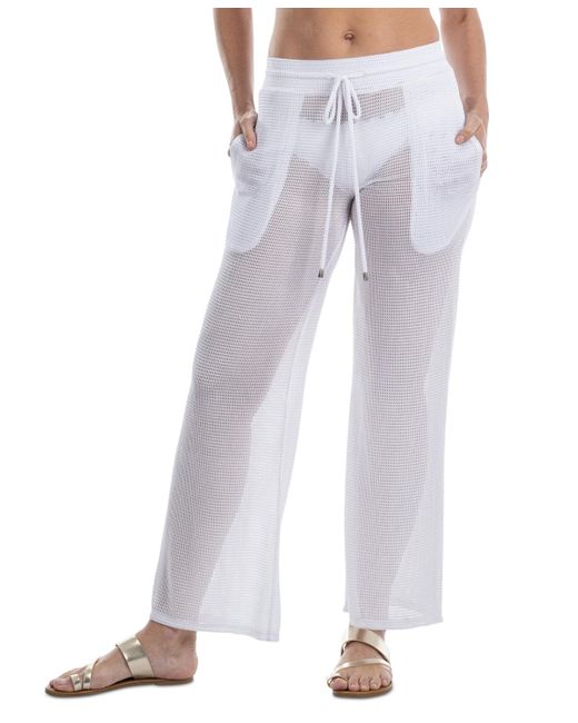 Dotti White Mesh Drawstring-waist Wide-leg Cover-up Pants