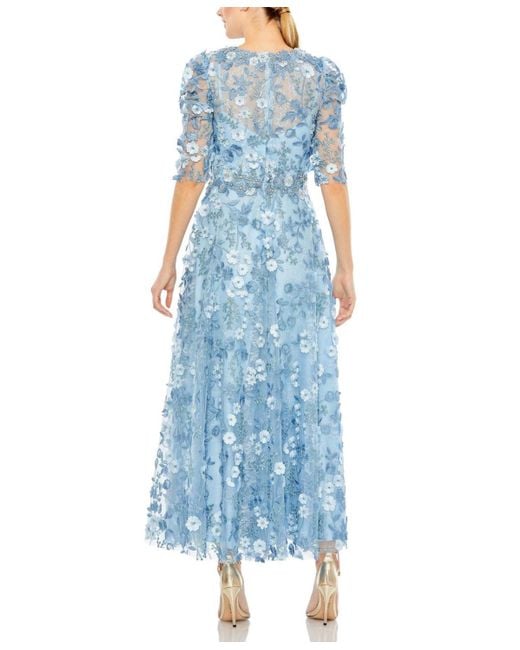 Mac Duggal Blue Applique High Neck Puff Sleeve A Line Dress