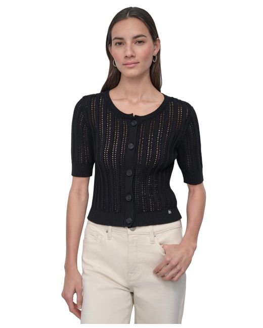 DKNY Black Crewneck Short-sleeve Cardigan Cable Pointelle Cardigan Sweater