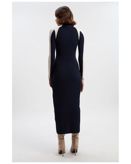 Karen Millen Blue Rib Knit Color Block Midi Dress