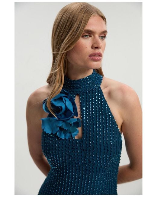Karen Millen Blue Woven Maxi Rosette Maxi Dress