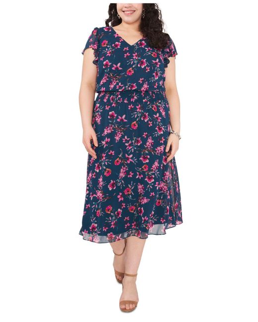 Msk Plus Size Smocked-waist Chiffon Midi Dress in Vivid Teal/Pink (Blue ...