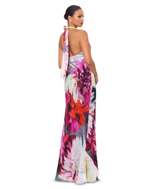 Betsy & Adam White Floral-print Halter Gown