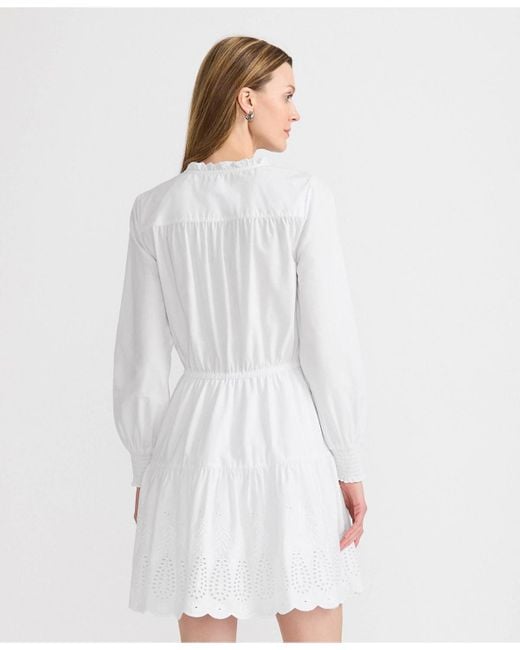tiered popover dress in embroidered eyelet The Poppy Eyelet Temple Dress in White L