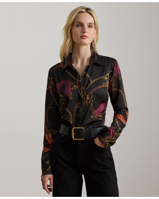 Ralph Lauren Black Classic Fit Belting Print Satin Shirt P Xs Xxl