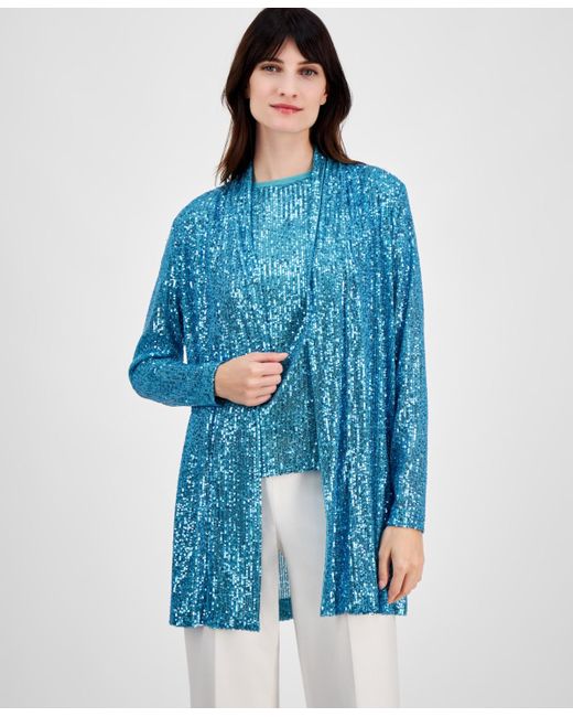 Anne Klein Blue Sequin Embellished Open-front Jacket