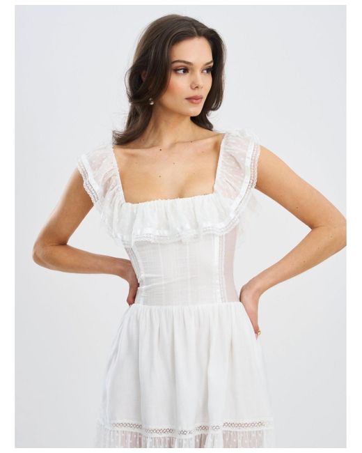 Miss Circle White Eden Square Neck Ruffle Trim High Waist Midi Dress