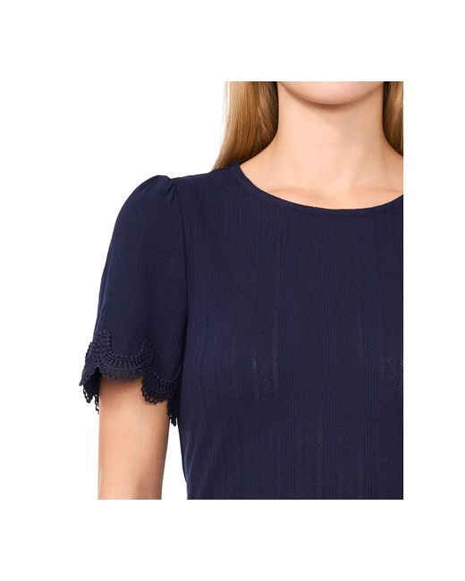 Cece Blue Scalloped-cuff Lace-trim Round-neck Top