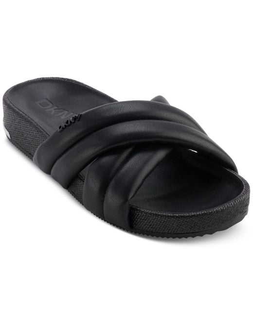 DKNY Black Indra Criss Cross Strap Foot Bed Slide Sandals
