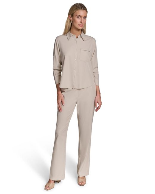 Calvin Klein Gray Petite Collared Button-down Blouse Top
