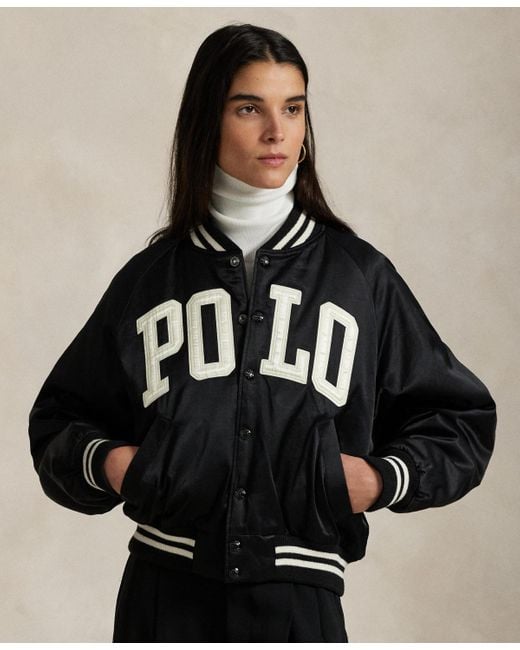 Polo Ralph Lauren Logo Satin Bomber Jacket in Black Lyst
