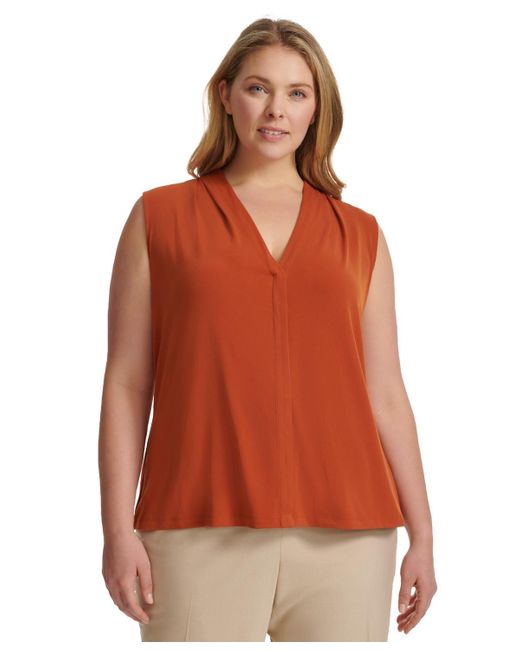 Calvin Klein Orange Plus Size Solid V-neck Sleeveless Top