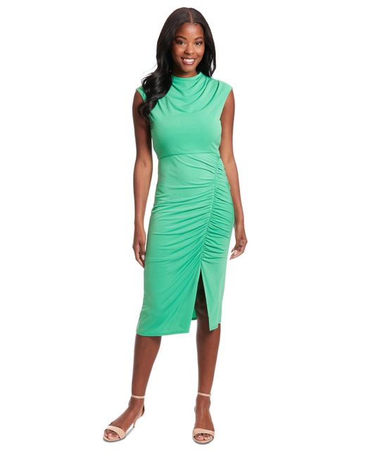 London Times Green Cowl Neck Ruched Midi Dress