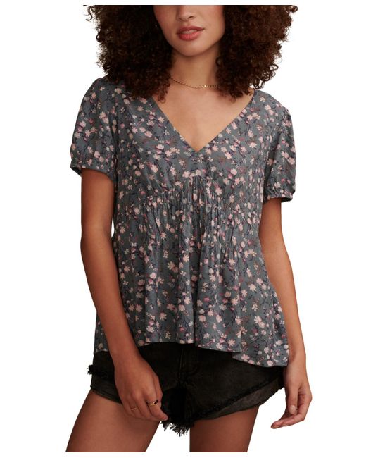 Lucky Brand Black Floral-print Wide-smocked Short-sleeve Top