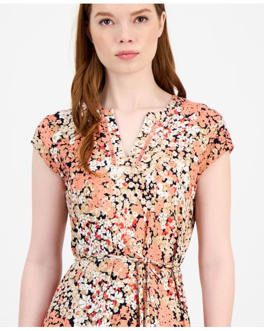 Tommy Hilfiger White Floral-print Ladder-trim Midi Dress