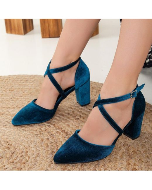 Forever & Always Shoes Blue Sina Criss Cross High Block Heels