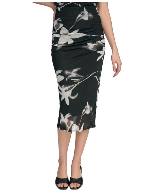 Calvin Klein Black Printed Ruched Pull-on Skirt