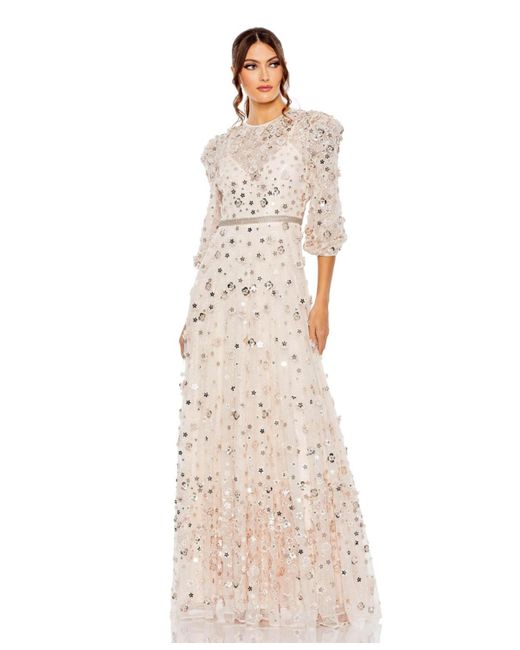 Mac Duggal Natural Floral Applique Puff Sleeve High Neck A-line Gown