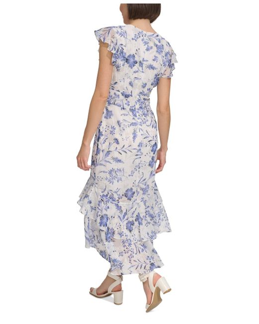 Tommy Hilfiger White Floral-print Flutter-sleeve Midi Dress