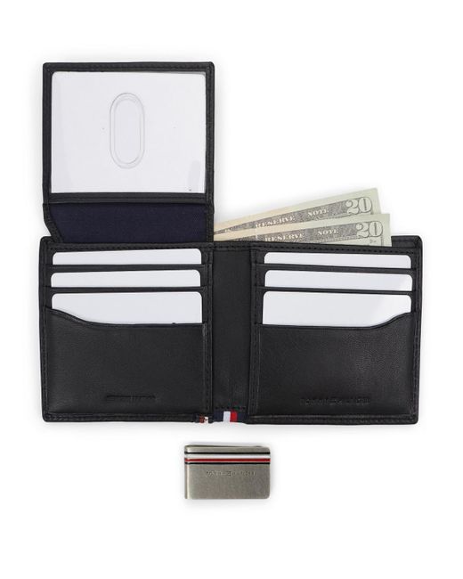 Tommy Hilfiger Black Rfid Global Striped Passcase Wallet And Money Clip Set for men