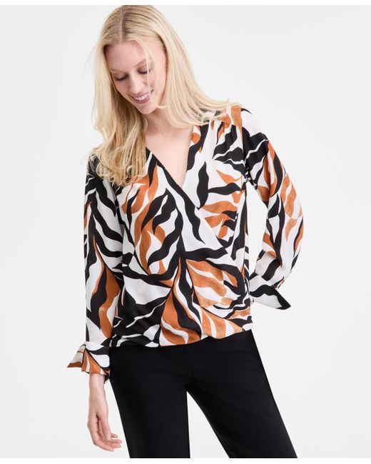 INC International Concepts Multicolor Printed Cuffed Surplice Top