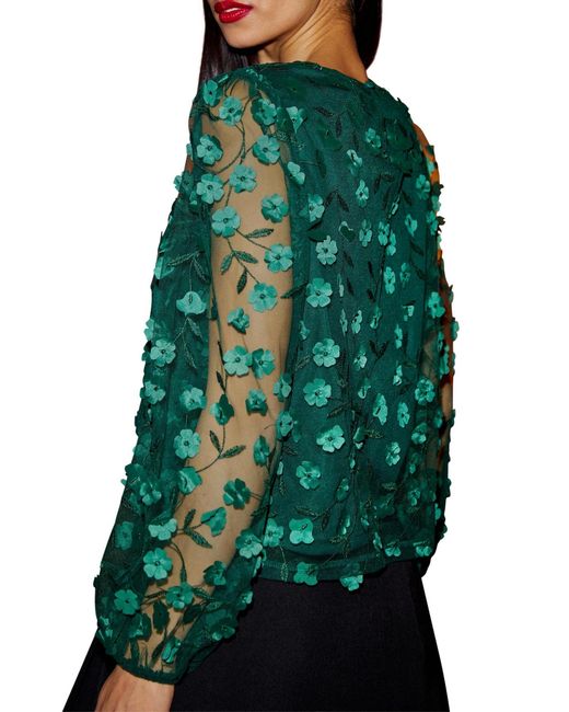 Yumi' Green Long Sleeve Sheer Floral Top