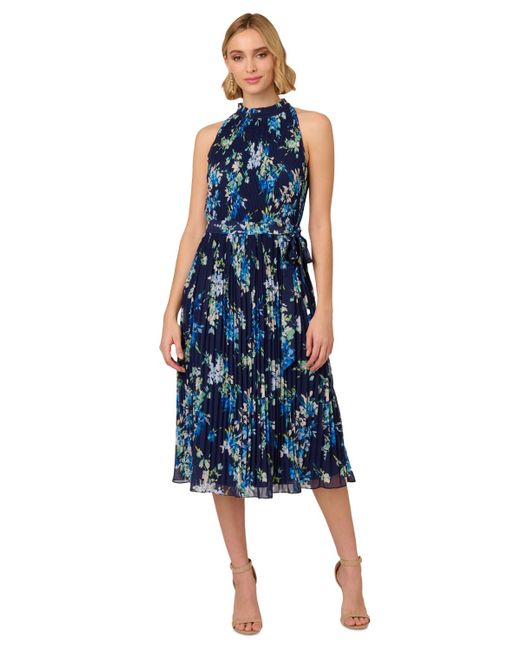 Adrianna Papell Blue Floral Pleated Chiffon Dress
