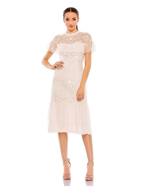 Mac Duggal White High Neck Mesh Tier Embroidered Dress