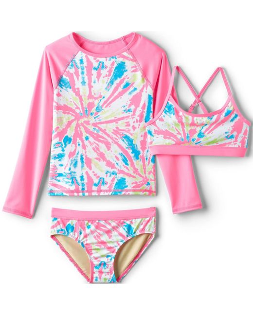 Lands' End Pink Girls Slim Chlorine Resistant Rash Guard Swim Top Bikini Top And Bottoms Upf 50 Swimsuit Set