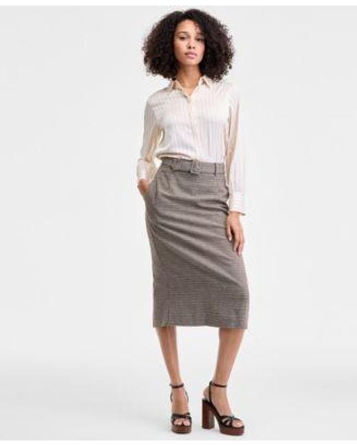 French Connection Gray Satin Pinstripe Blouse Houndstooth Belted Midi Skirt