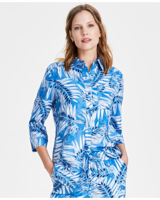 Jones New York Blue Petite Linen Leaf-print 3/4-sleeve Button Front Shirt