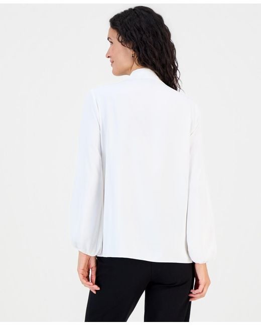 Kasper White Petite Solid Georgette Ruffle-neck Blouse