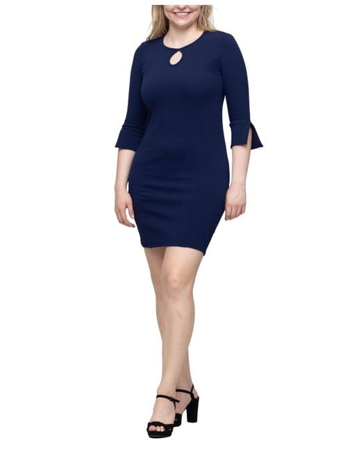 24seven Comfort Apparel Blue Keyhole Three Quarter Sleeve Mini Dress