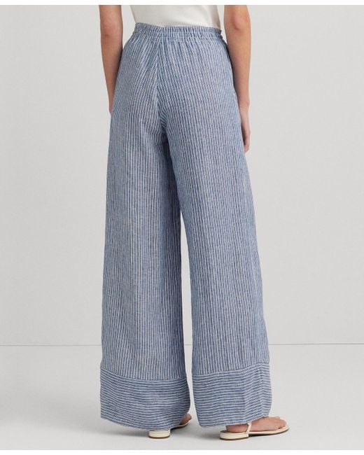 Lauren by Ralph Lauren Blue Petite Linen Pinstriped Pants