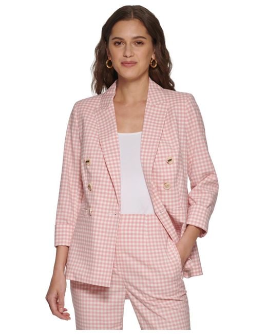 DKNY Pink Petite Gingham Double-breasted Blazer