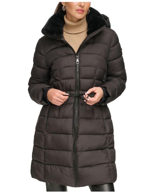 DKNY Rope Belted Faux-fur-trim Hooded Puffer Coat in Black | Lyst
