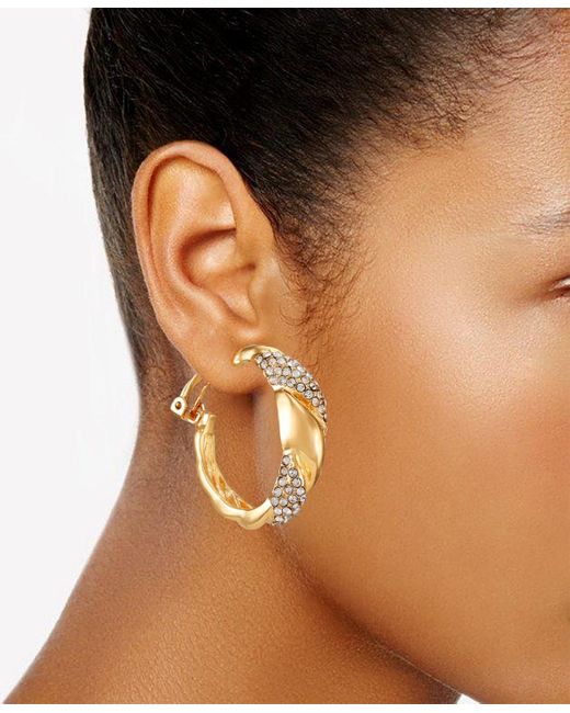 Tahari Metallic Tone Woven Glass Stone Clip On Hoop Earrings