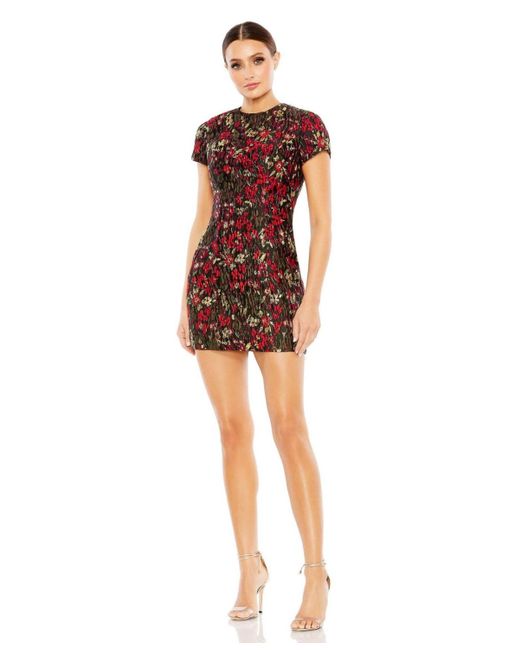 Mac Duggal Red Floral Brocade Cap Sleeve Fitted Dress