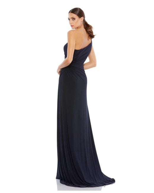 Mac Duggal Blue Ieena Ruched One Shoulder Faux Wrap Gown