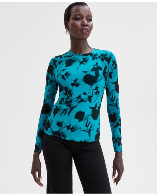 INC International Concepts Blue Long-sleeve Mesh Crewneck Top