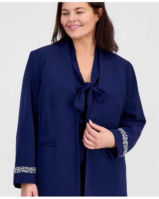 Kasper Blue Plus Size Collarless Open-front Jacket