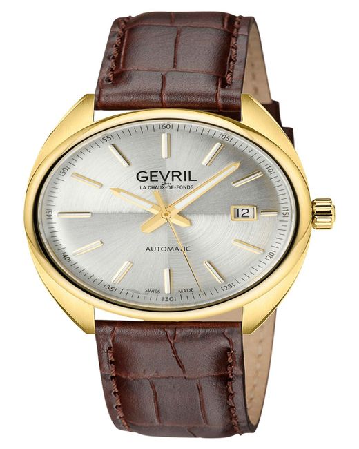 Gevril Five Points Swiss Automatic Italian Brown Leather Strap Watch 40mm in GoldTone (Metallic